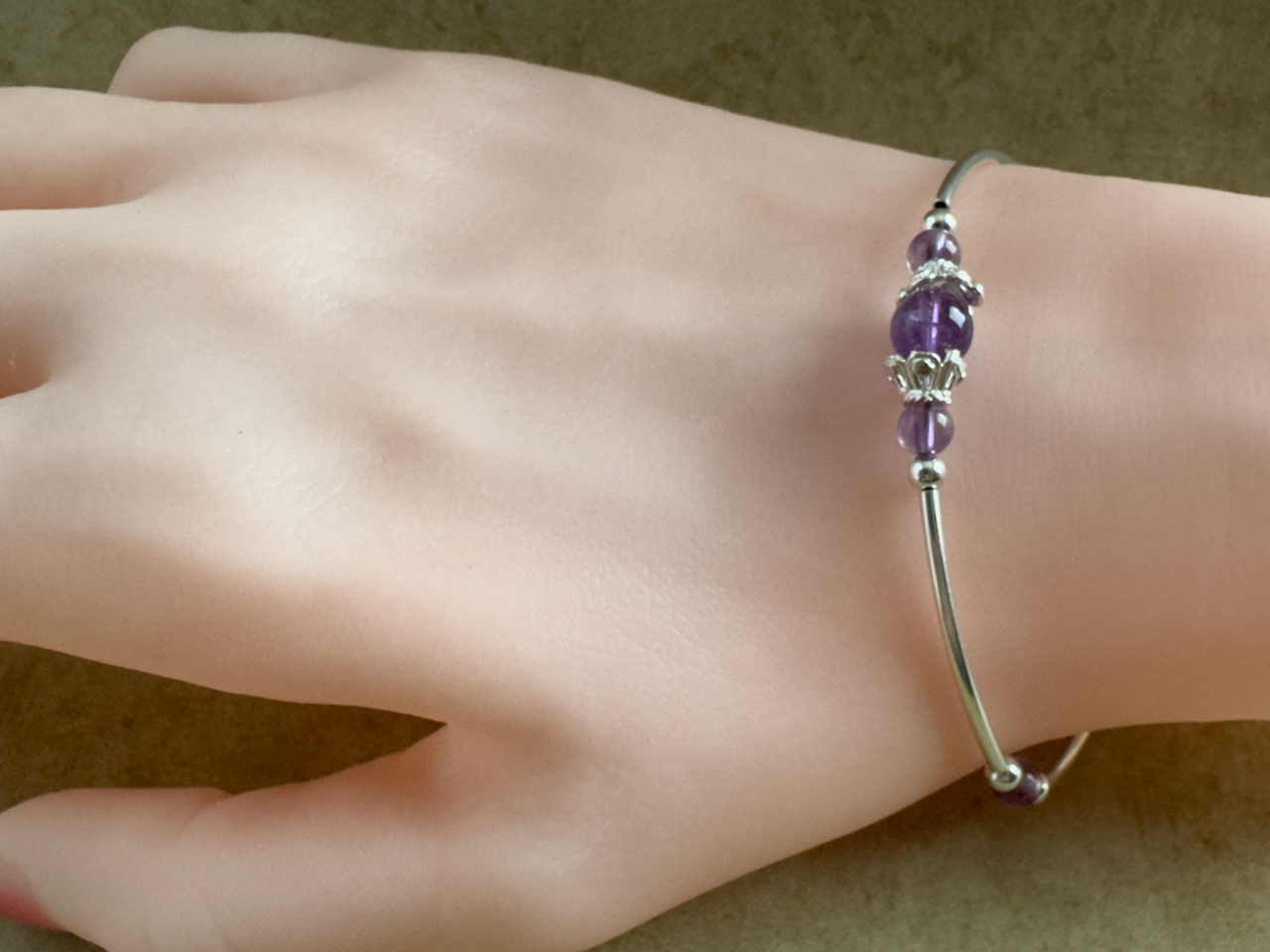 Sterling Silver Amethyst Beaded Tube Fancy Bracelet