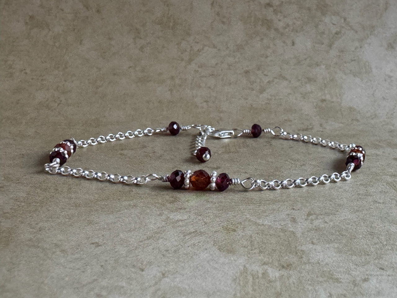 Sterling Silver Hessonite and Red Garnet Chain Bracelet