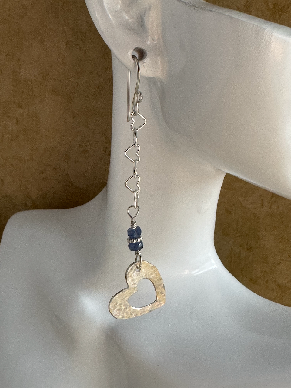 Fine Silver Open Heart with Sapphire and Sterling Silver Heart Chain Dangle Earrings
