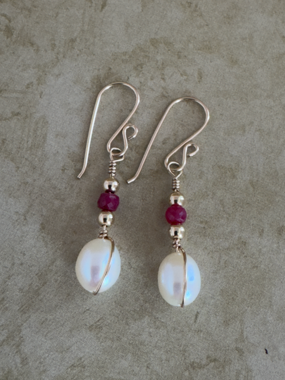 Gold-Filled Ruby Pearl Drop Earrings