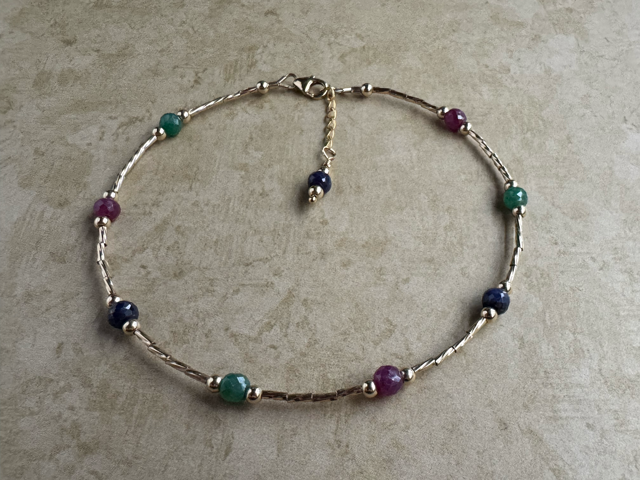 Gold-Filled Emerald, Ruby and Sapphire Beaded Anklet