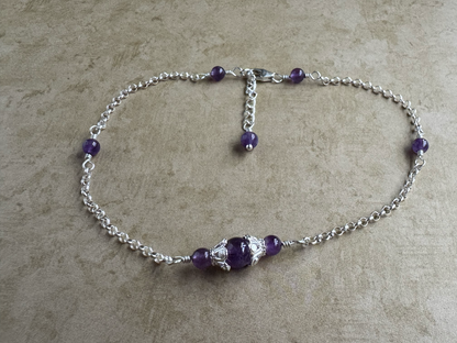 Sterling Silver Amethyst Fancy Chain Anklet
