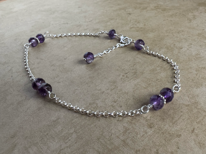 Sterling Silver Amethyst Rondelle Chain Anklet