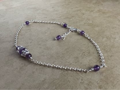 Sterling Silver Amethyst Fancy Chain Anklet