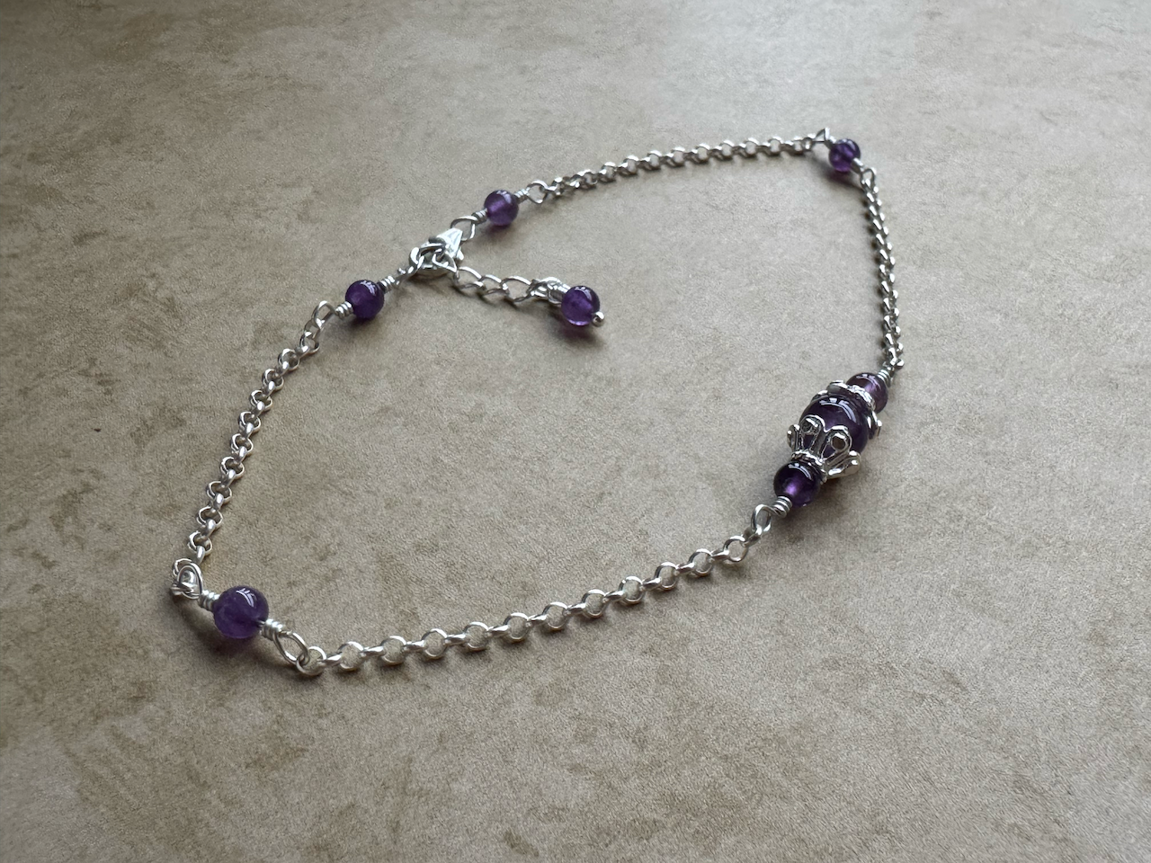 Sterling Silver Amethyst Fancy Chain Anklet
