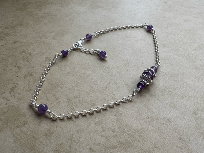 Sterling Silver Amethyst Fancy Chain Anklet