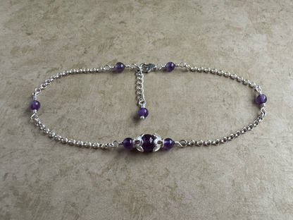 Sterling Silver Amethyst Dark Round Chain Anklet