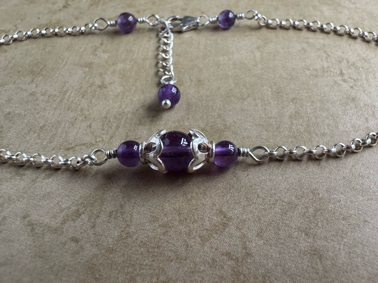 Sterling Silver Amethyst Dark Round Chain Anklet
