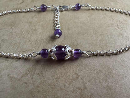 Sterling Silver Amethyst Dark Round Chain Anklet