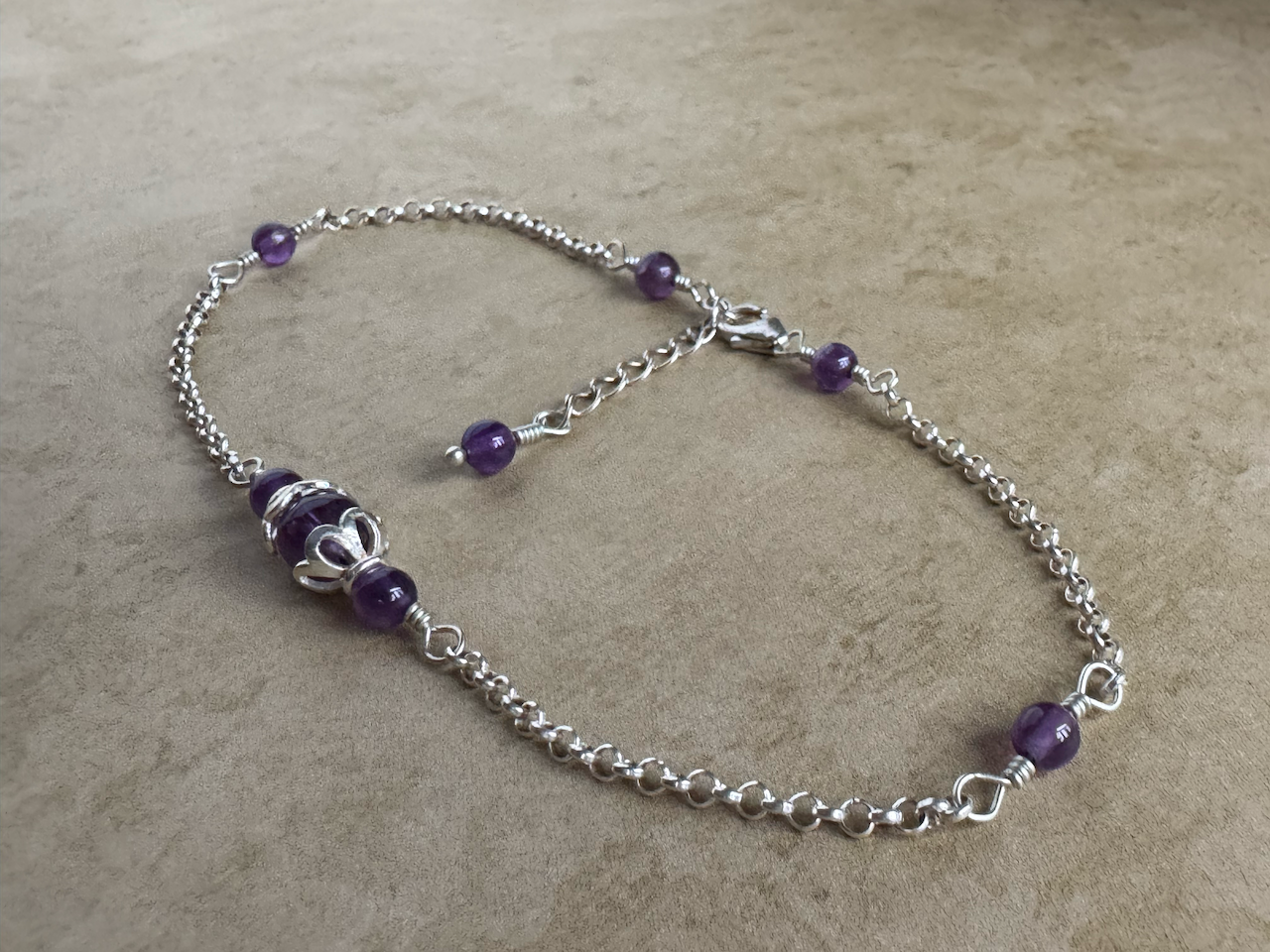 Sterling Silver Amethyst Dark Round Chain Anklet