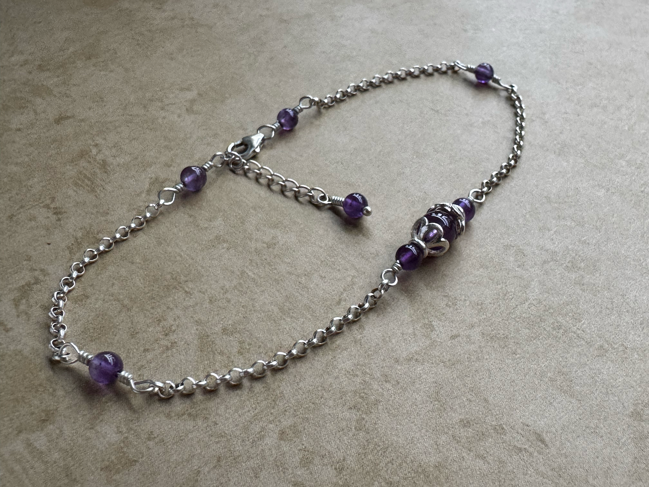 Sterling Silver Amethyst Dark Round Chain Anklet