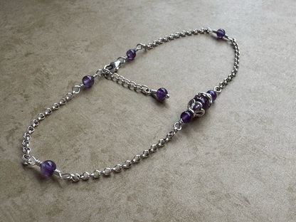 Sterling Silver Amethyst Dark Round Chain Anklet