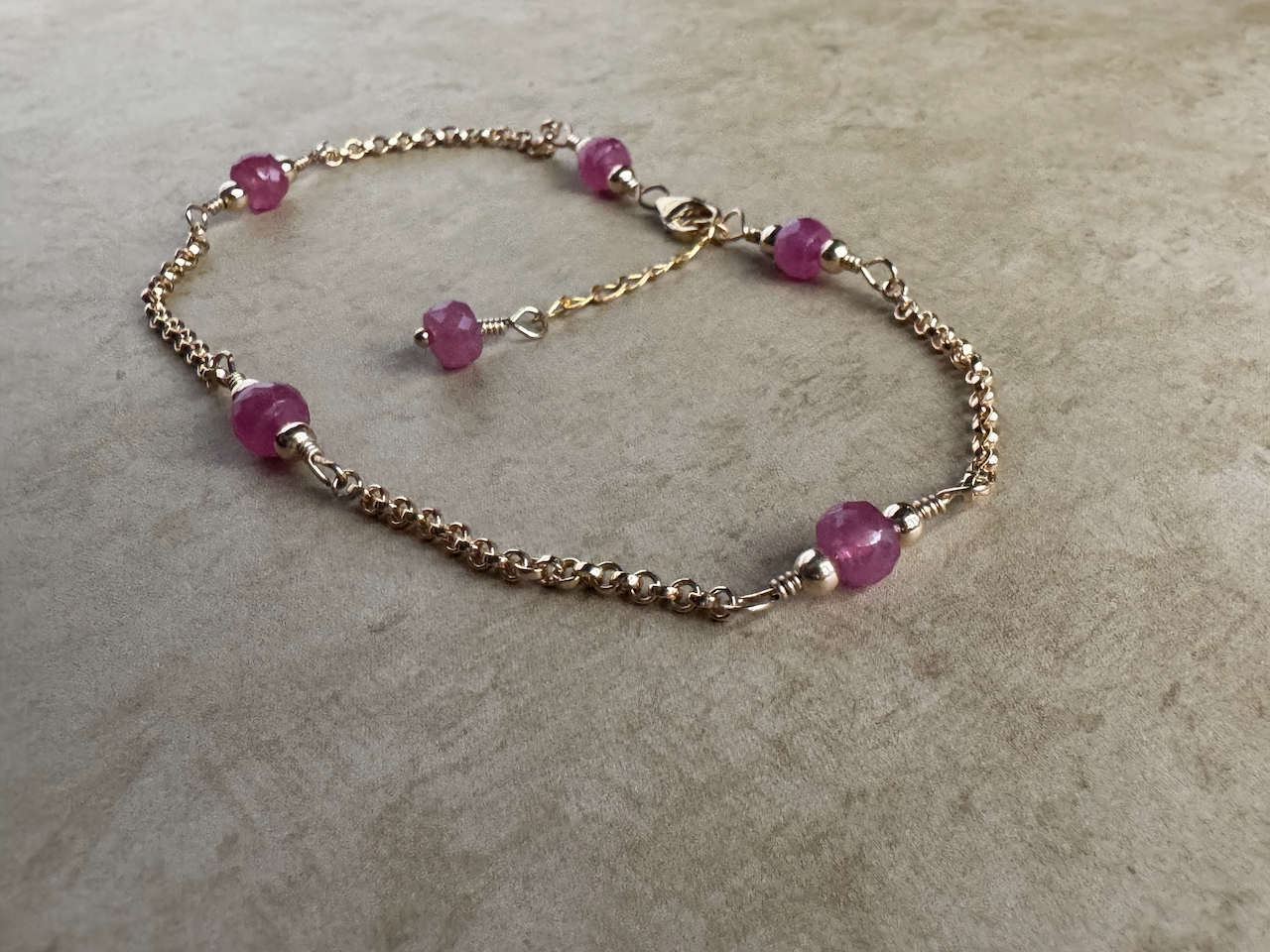 Gold Filled Pink Sapphire Simple Chain Anklet