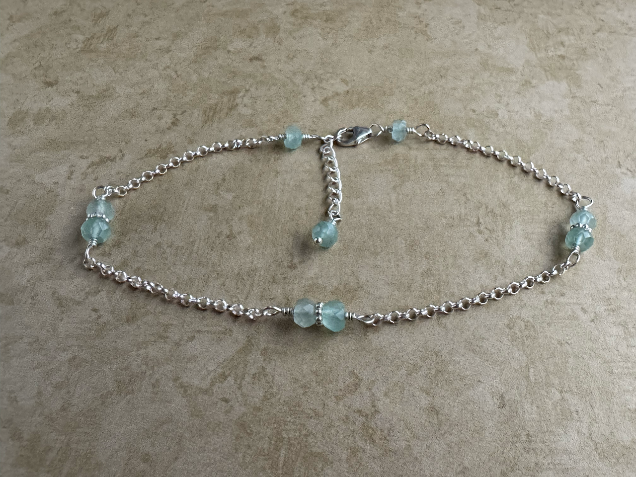 Sterling Silver Aqua Chalcedony Rondelle Chain Anklet