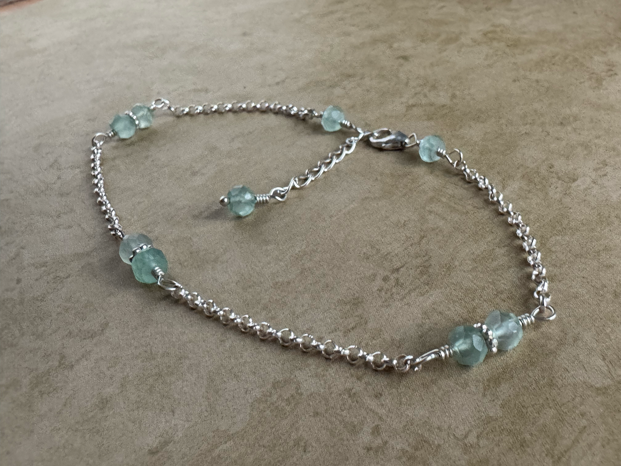 Sterling Silver Aqua Chalcedony Rondelle Chain Anklet
