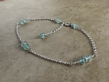 Sterling Silver Aqua Chalcedony Rondelle Chain Anklet