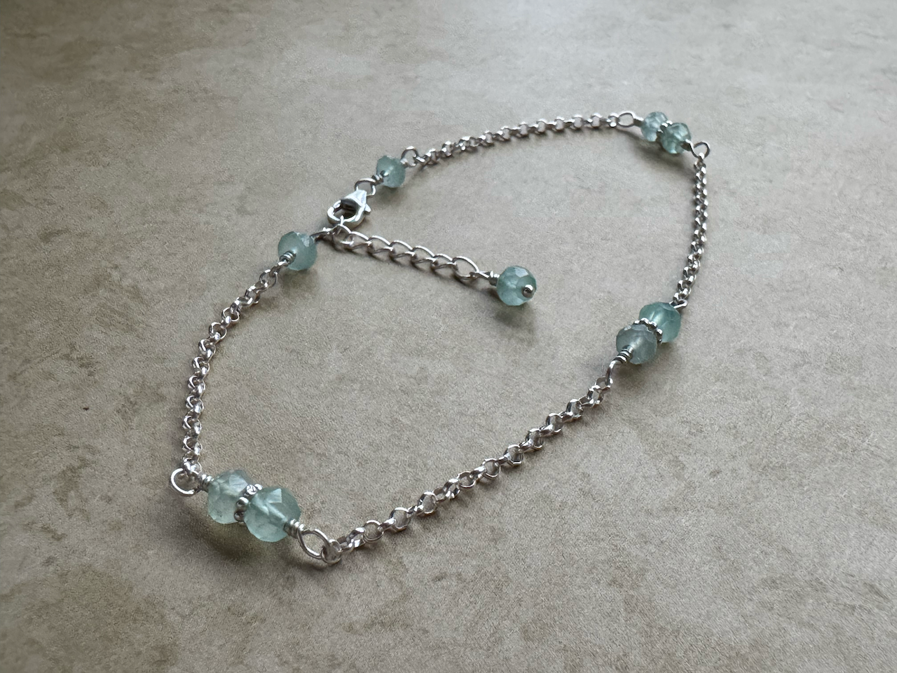 Sterling Silver Aqua Chalcedony Rondelle Chain Anklet