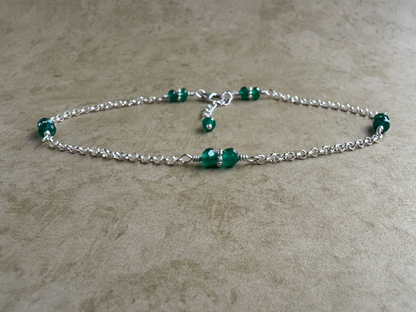Sterling Silver Green Onyx Rondelle Chain Anklet