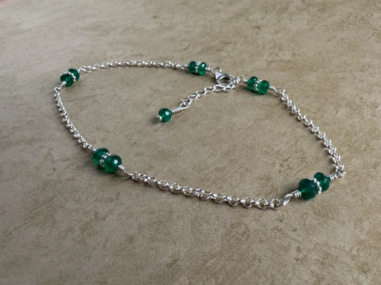 Sterling Silver Green Onyx Rondelle Chain Anklet