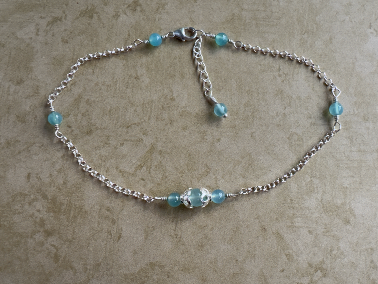 Sterling Silver Aqua Chalcedony Round Chain Anklet