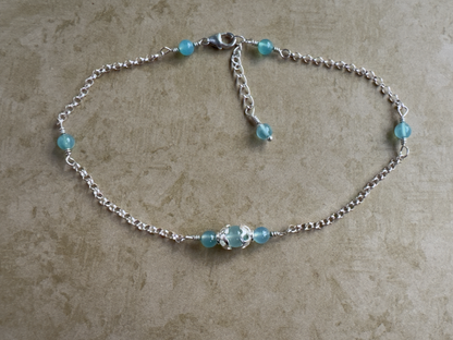 Sterling Silver Aqua Chalcedony Round Chain Anklet