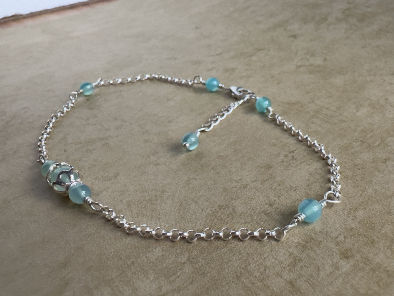 Sterling Silver Aqua Chalcedony Round Chain Anklet