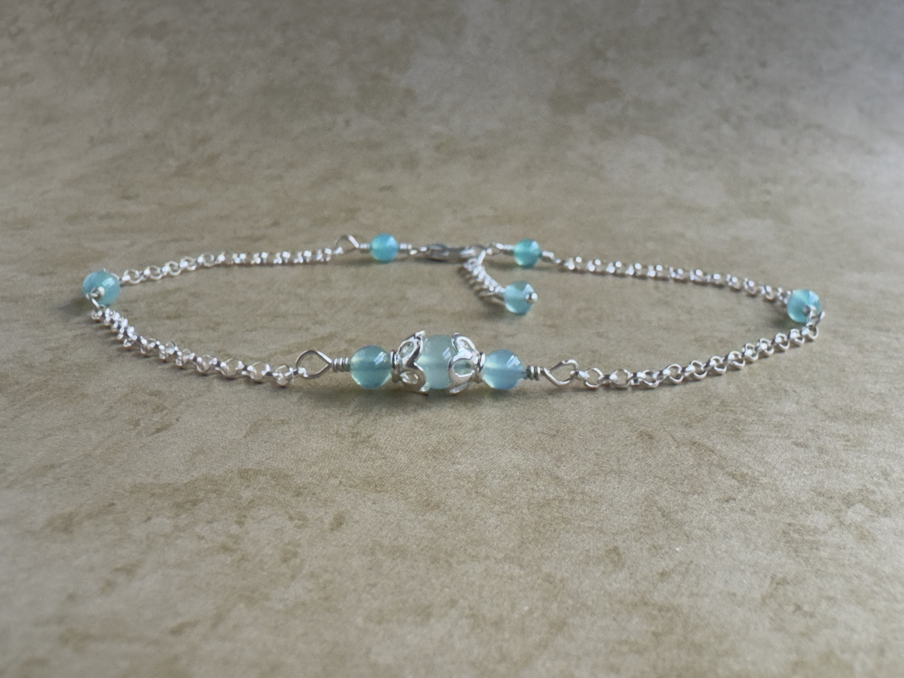 Sterling Silver Aqua Chalcedony Round Chain Anklet