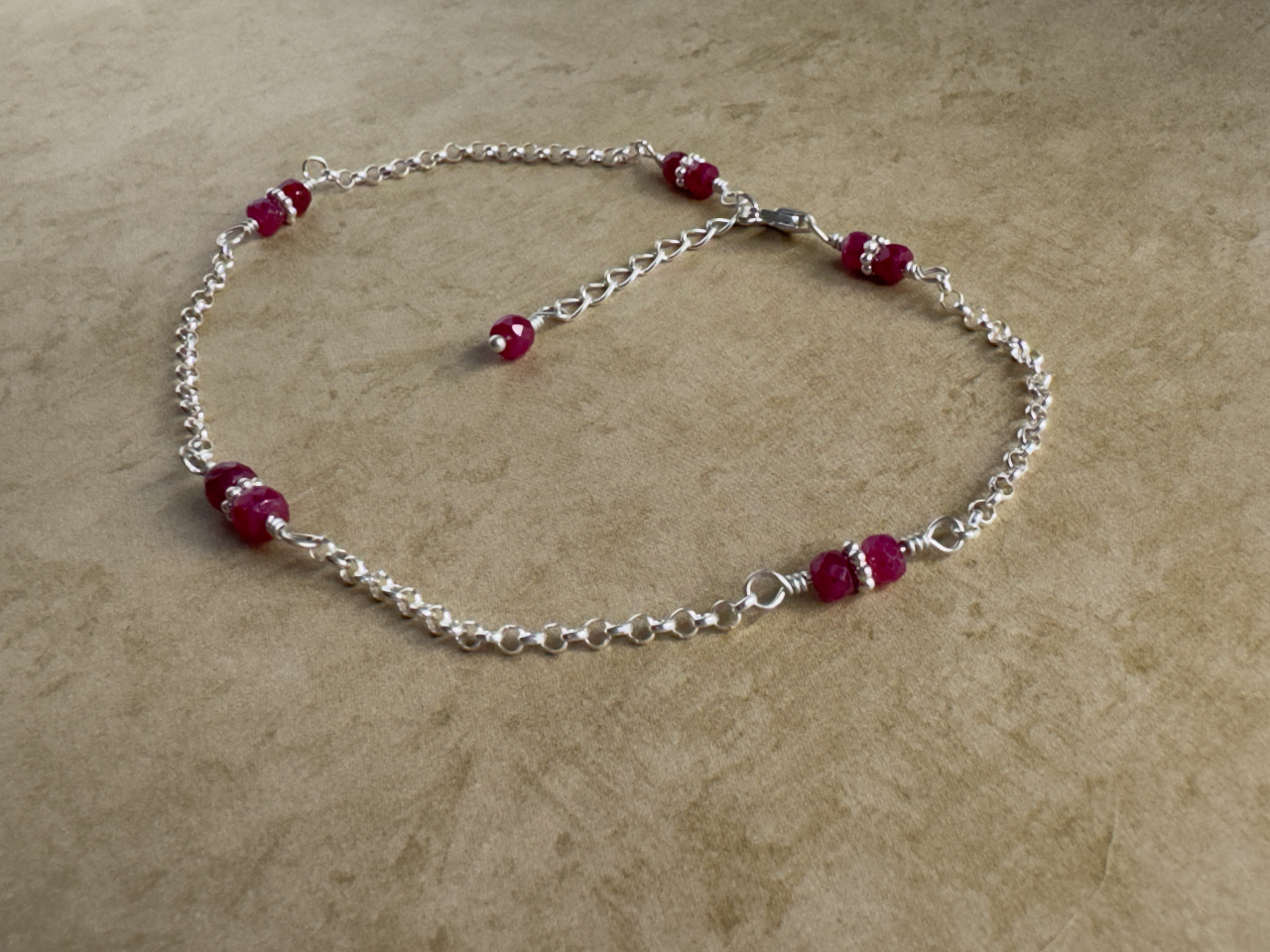 Sterling Silver Ruby Rondelle Chain Anklet
