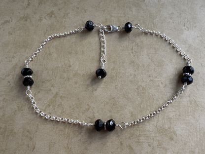 Sterling Silver Black Onyx Rondelle Chain Anklet