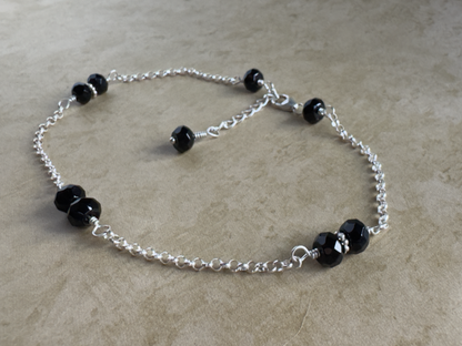 Sterling Silver Black Onyx Rondelle Chain Anklet