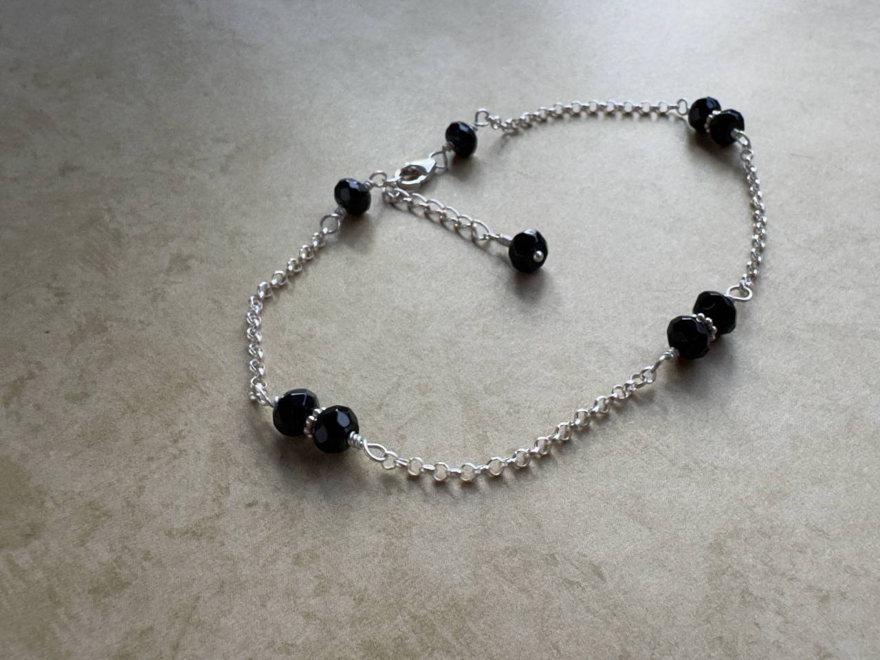 Sterling Silver Black Onyx Rondelle Chain Anklet