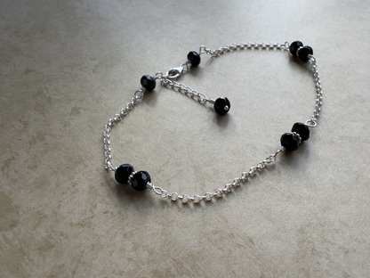 Sterling Silver Black Onyx Rondelle Chain Anklet