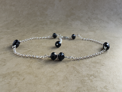 Sterling Silver Black Onyx Rondelle Chain Anklet
