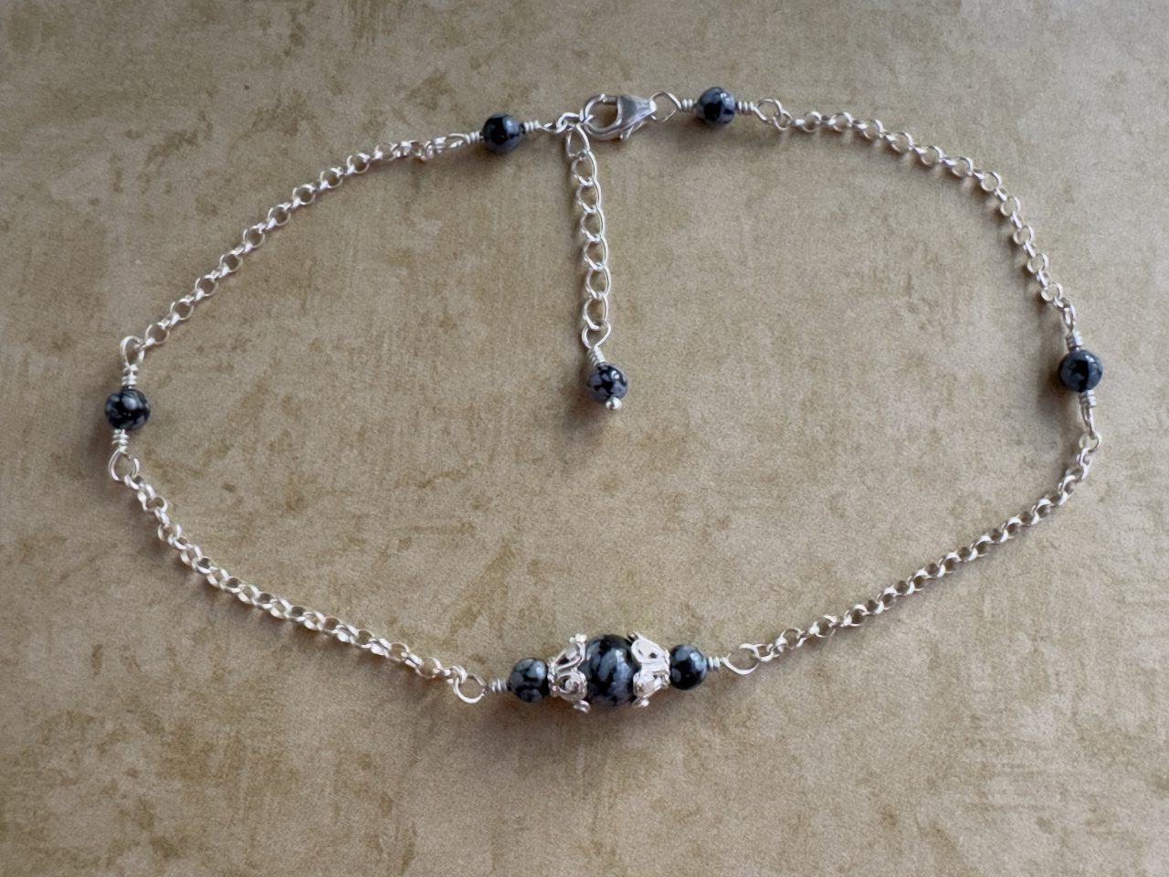 Sterling Silver Snowflake Obsidian Fancy Chain Anklet