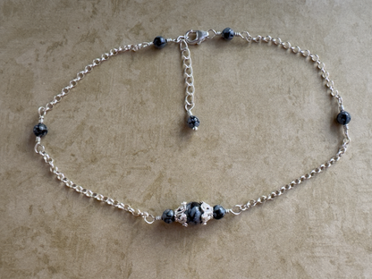 Sterling Silver Snowflake Obsidian Fancy Chain Anklet