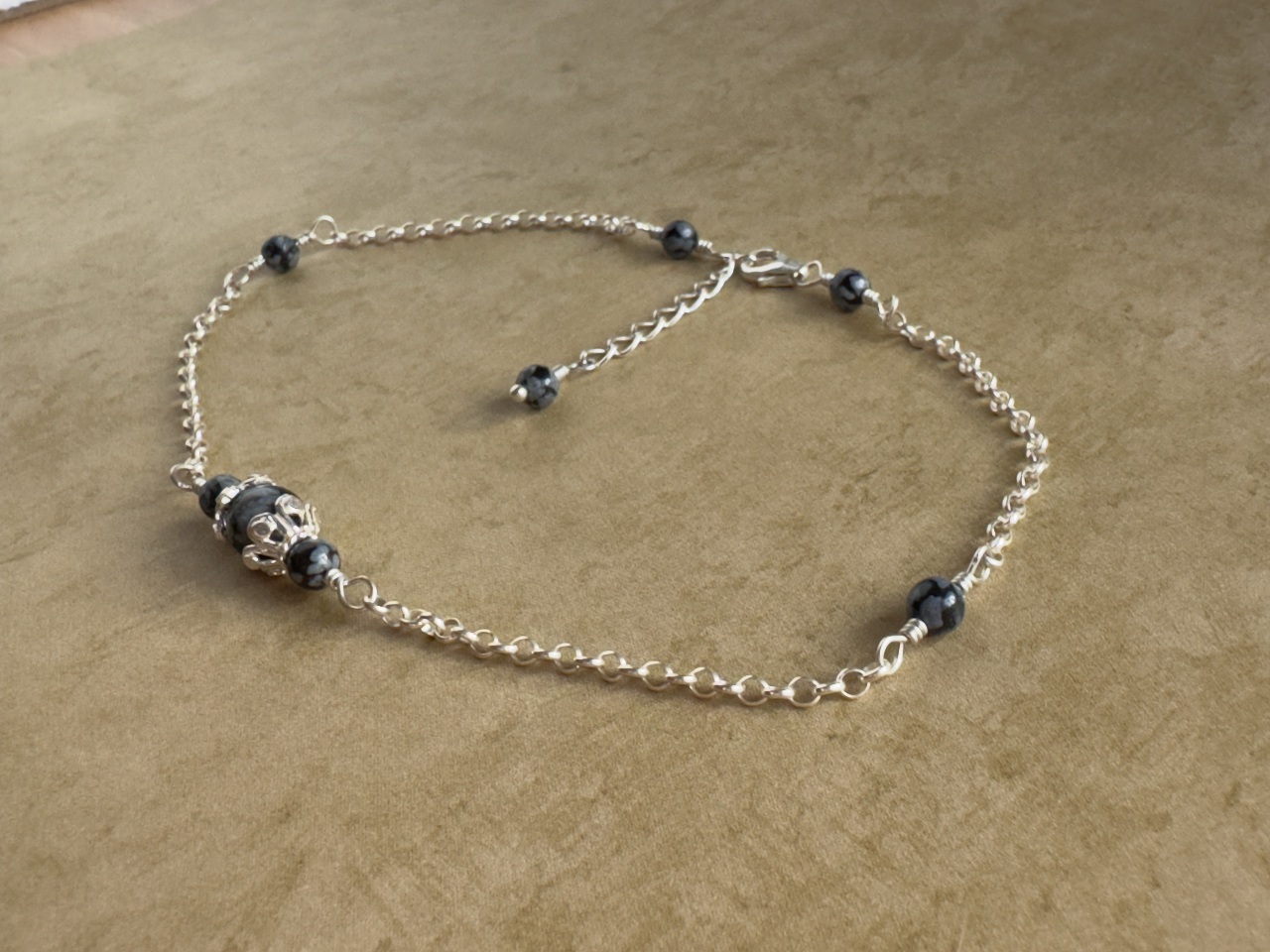 Sterling Silver Snowflake Obsidian Fancy Chain Anklet