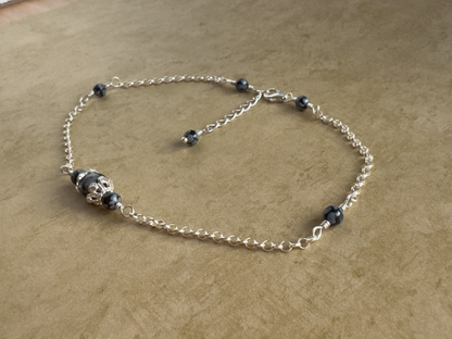 Sterling Silver Snowflake Obsidian Fancy Chain Anklet
