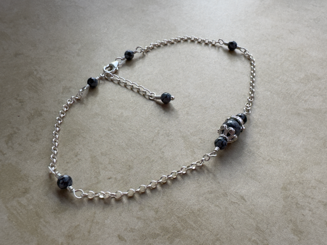 Sterling Silver Snowflake Obsidian Fancy Chain Anklet
