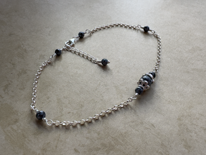 Sterling Silver Snowflake Obsidian Fancy Chain Anklet