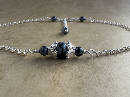 Sterling Silver Snowflake Obsidian Fancy Chain Anklet