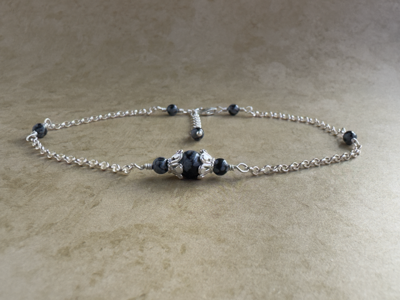 Sterling Silver Snowflake Obsidian Fancy Chain Anklet