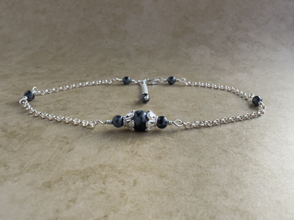 Sterling Silver Snowflake Obsidian Fancy Chain Anklet
