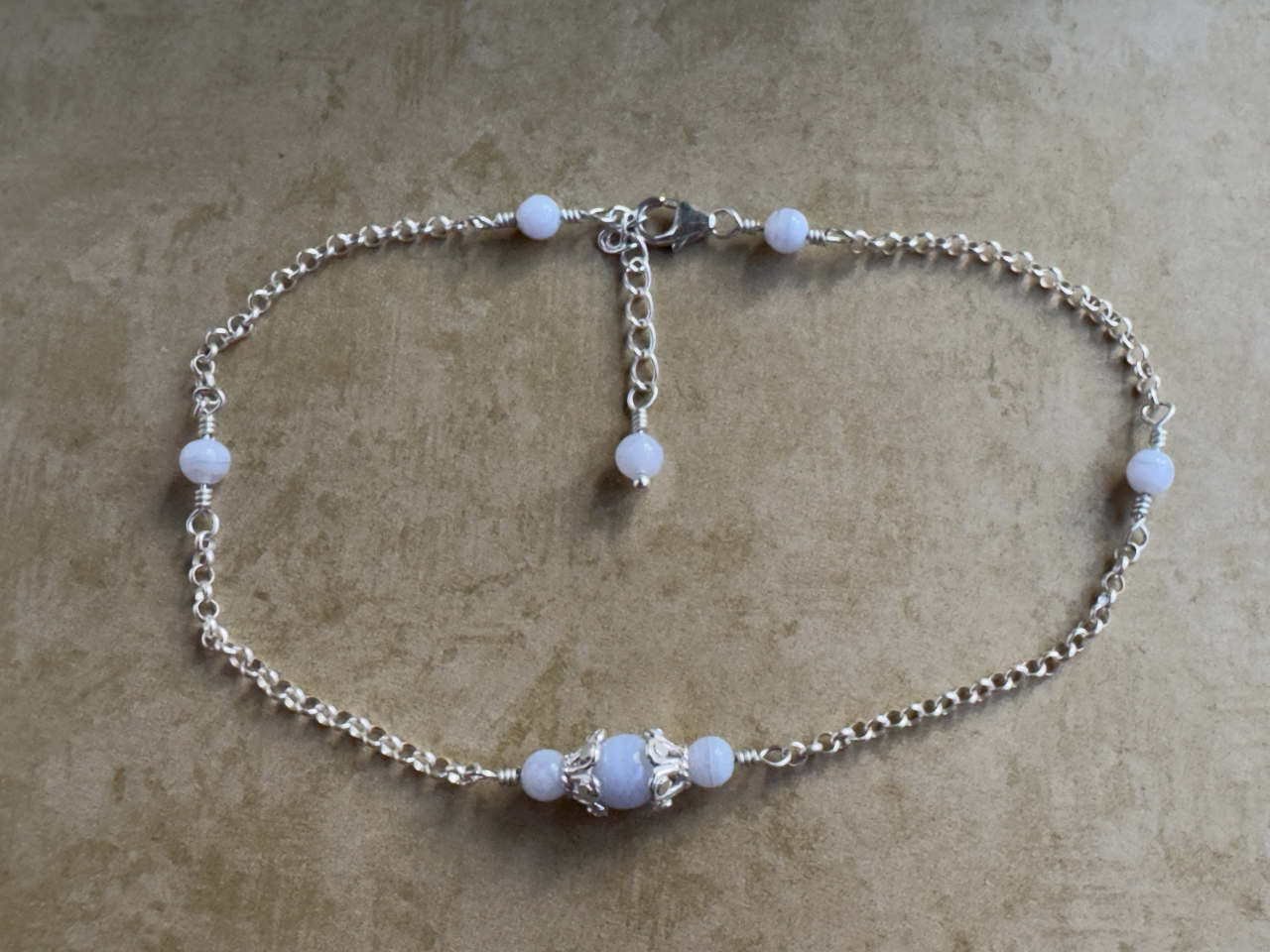 Sterling Silver Blue Lace Agate Fancy Chain Anklet