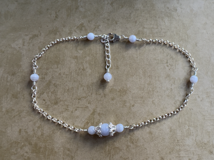 Sterling Silver Blue Lace Agate Fancy Chain Anklet