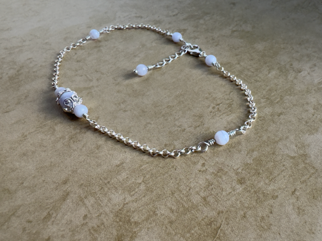 Sterling Silver Blue Lace Agate Fancy Chain Anklet