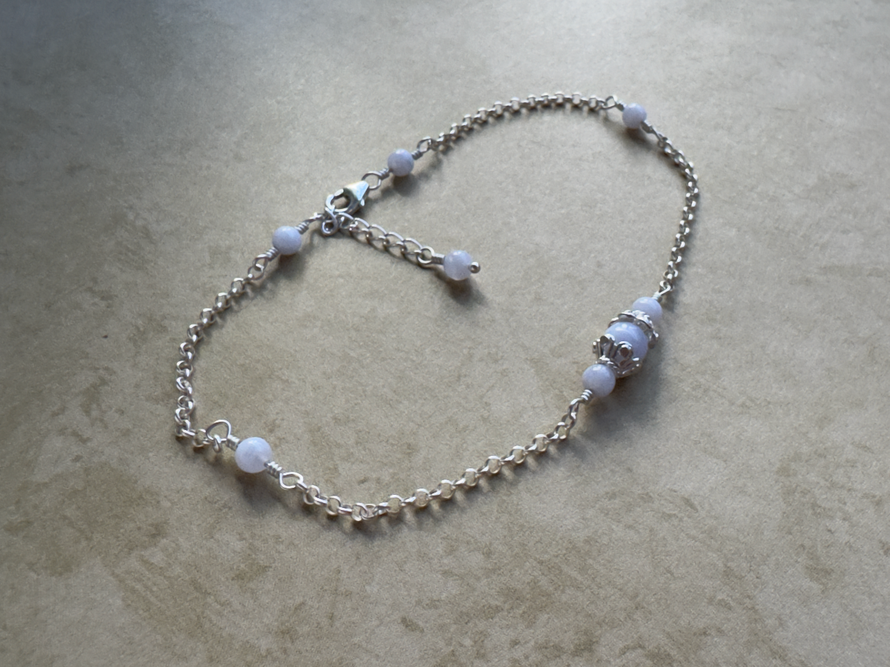 Sterling Silver Blue Lace Agate Fancy Chain Anklet