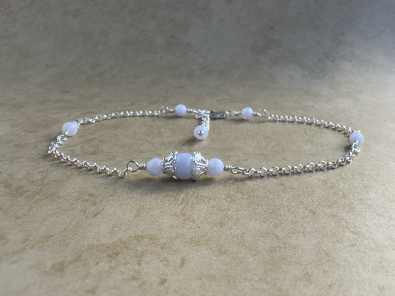 Sterling Silver Blue Lace Agate Fancy Chain Anklet