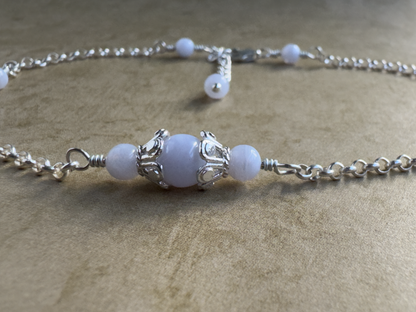 Sterling Silver Blue Lace Agate Fancy Chain Anklet