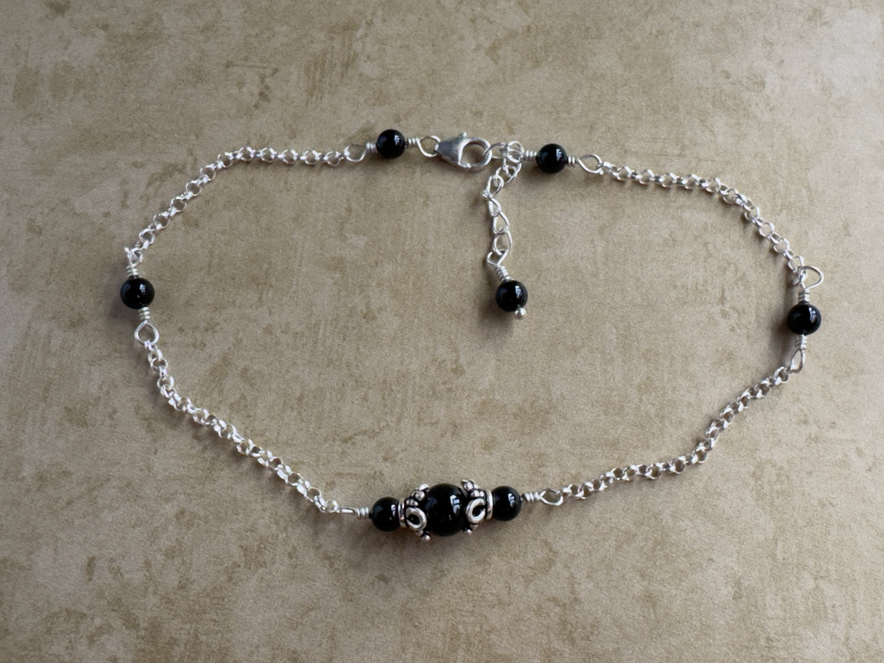 Sterling Silver Black Onyx Flower Chain Anklet