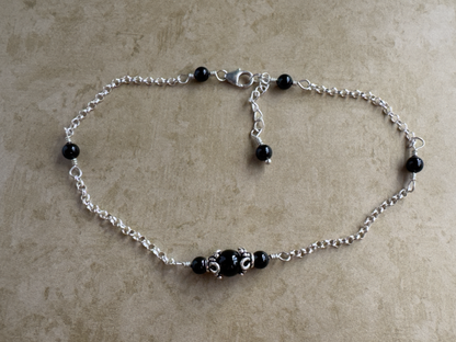 Sterling Silver Black Onyx Flower Chain Anklet